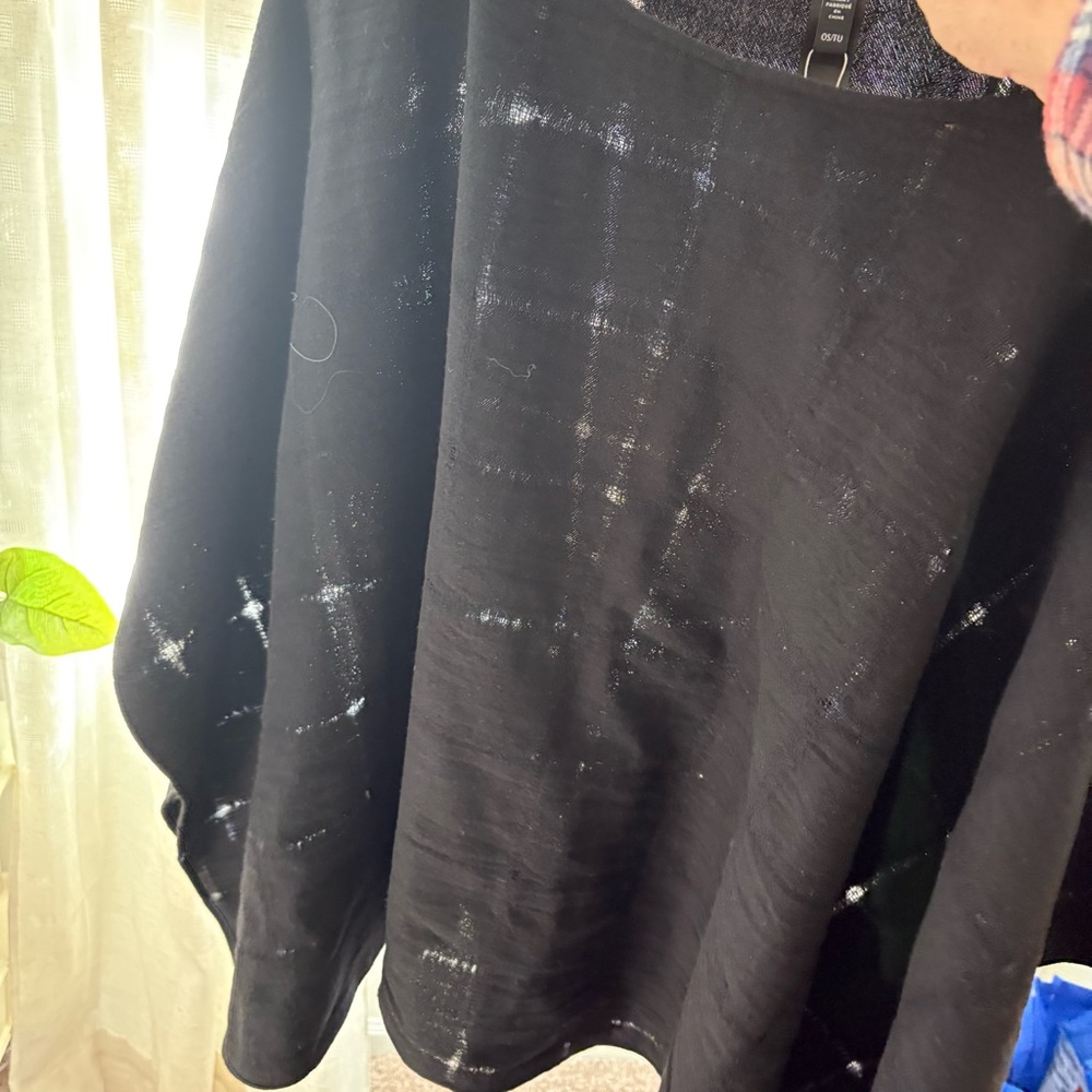 Eileen Fisher Wool Gauze Grid Poncho Black. One Size. - Picture 7 of 12